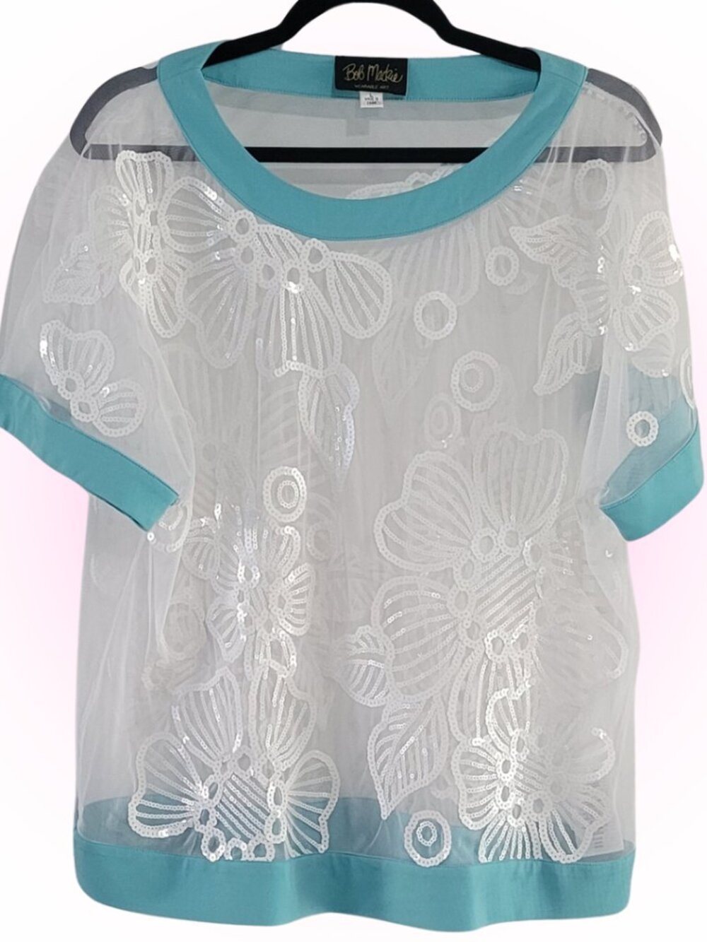 SUPER SHEER EMBELLISHED MCBLING SEQUIN FLOWERS EUC TOP BLOUSE  L